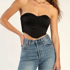 NEW - Lulus Date Night Winner Black Satin Strapless Bustier Crop Top. XSmall